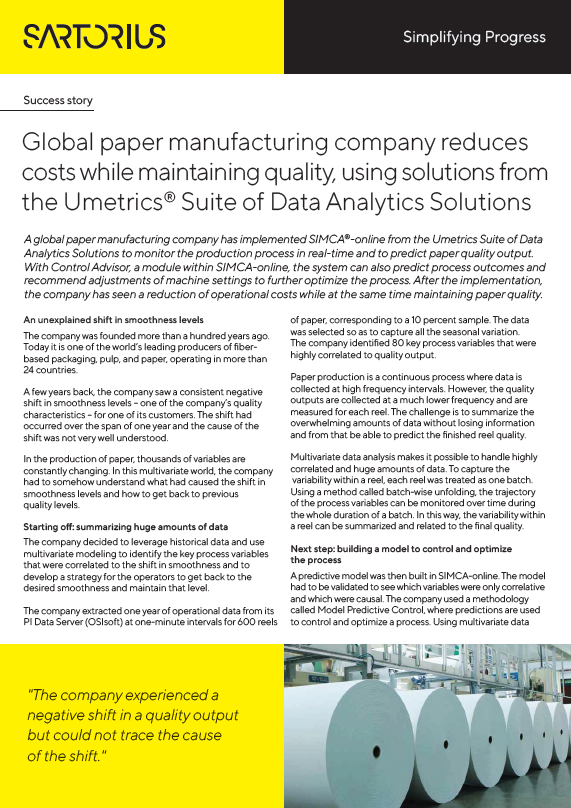 Uspješna priča: Globalni proizvođač papira smanjuje troškove zahvaljujući Umetrics® programima i rješenjima za analizu podataka - Sartorius Libra Elektronik